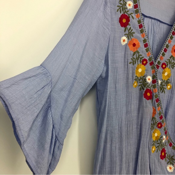 Entro Blue Floral Embroidered Cross Front Ruffle Sleeve Lightweight Blouse - Picture 3 of 6